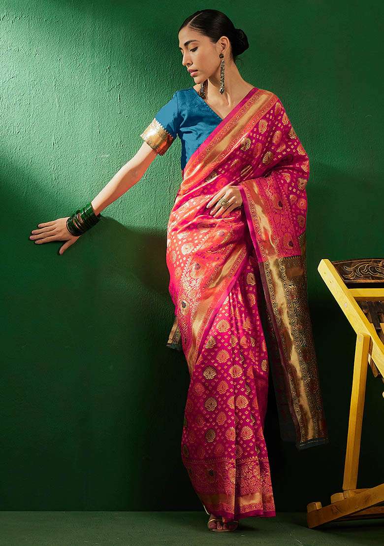 Gajari Silk Blend Saree Set with Embroidered for Diwali | Wedding & Festive Wear - Indya