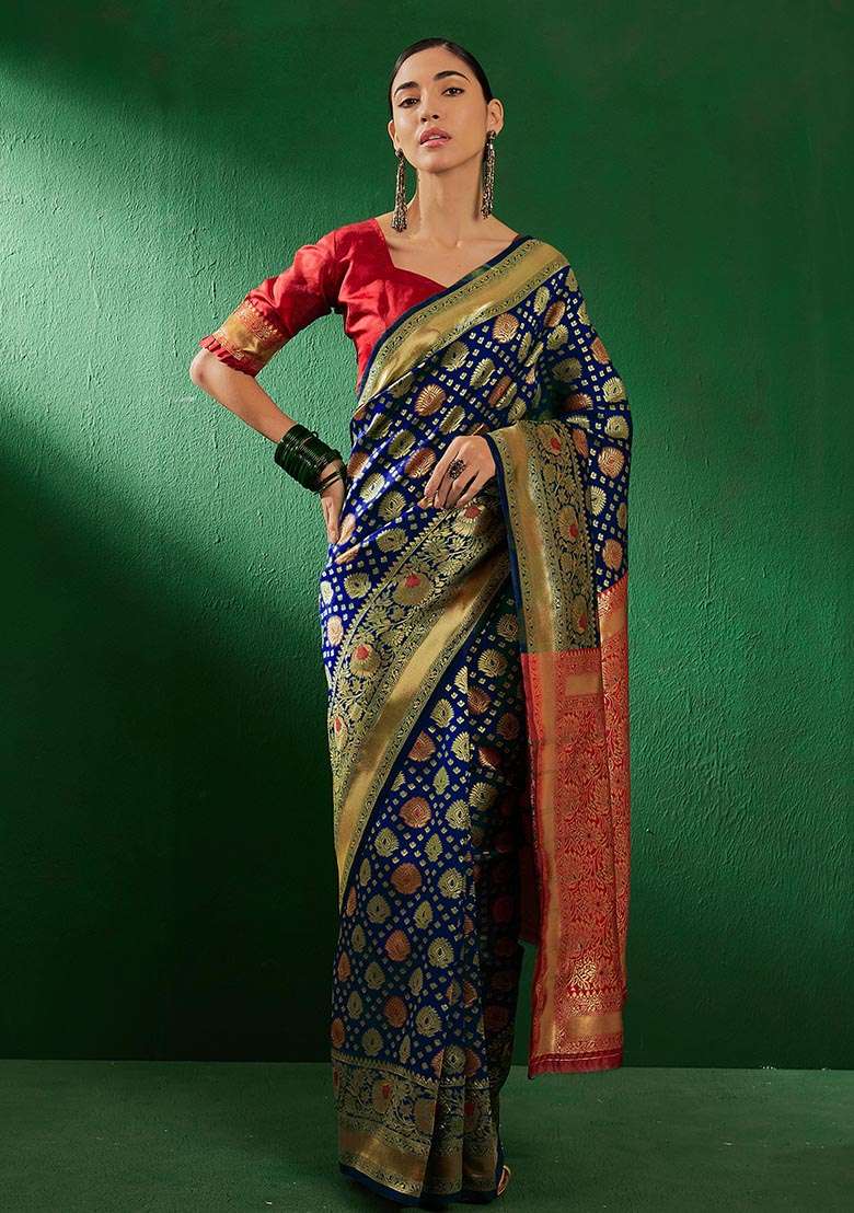 Navy Blue Embroidered Silk Blend Saree Set for Diwali and Festive Wear - Indya