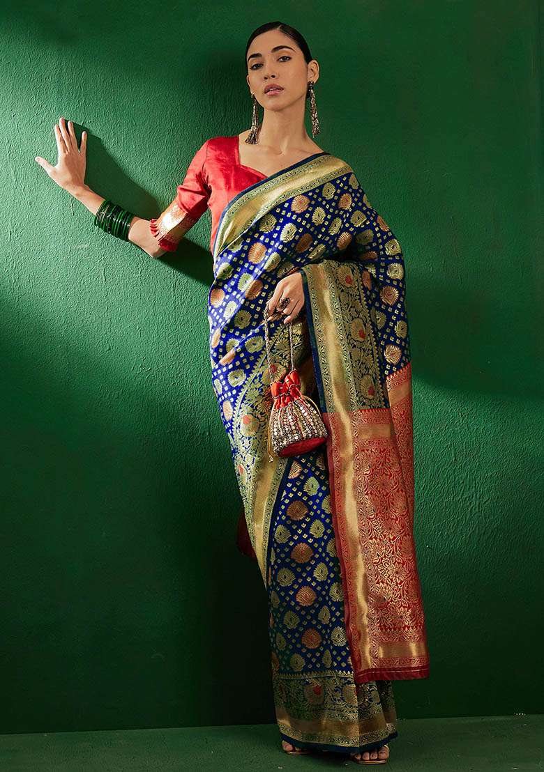 Navy Blue Embroidered Silk Blend Saree Set for Diwali and Festive Wear - Indya