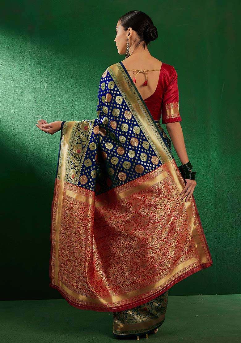 Navy Blue Embroidered Silk Blend Saree Set for Diwali and Festive Wear - Indya