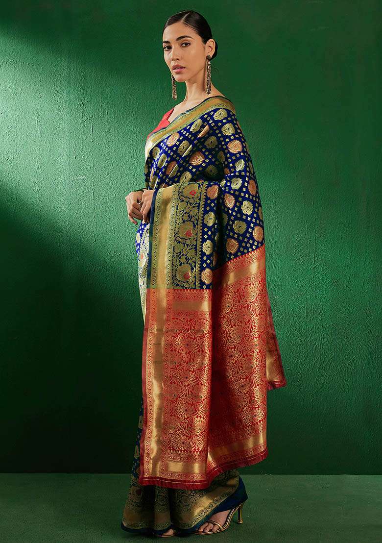 Navy Blue Embroidered Silk Blend Saree Set for Diwali and Festive Wear - Indya