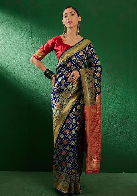 Navy Blue Embroidered Silk Saree Set
