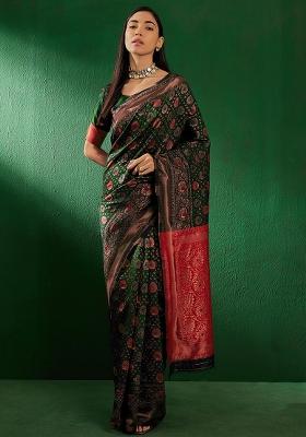 Mehandi Green Embroidered Silk Saree Set