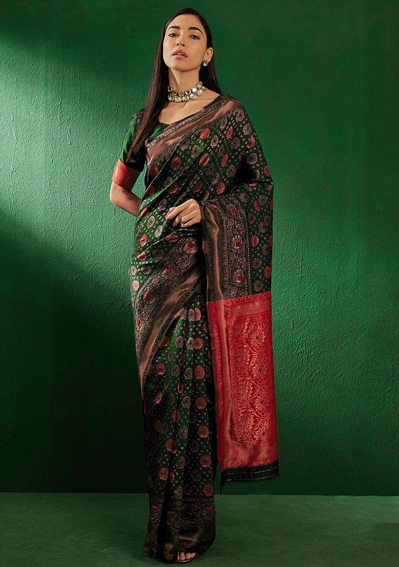 Mehandi Green Silk Blend Saree Set with Embroidered for Diwali | Wedding & Festive Wear - Indya