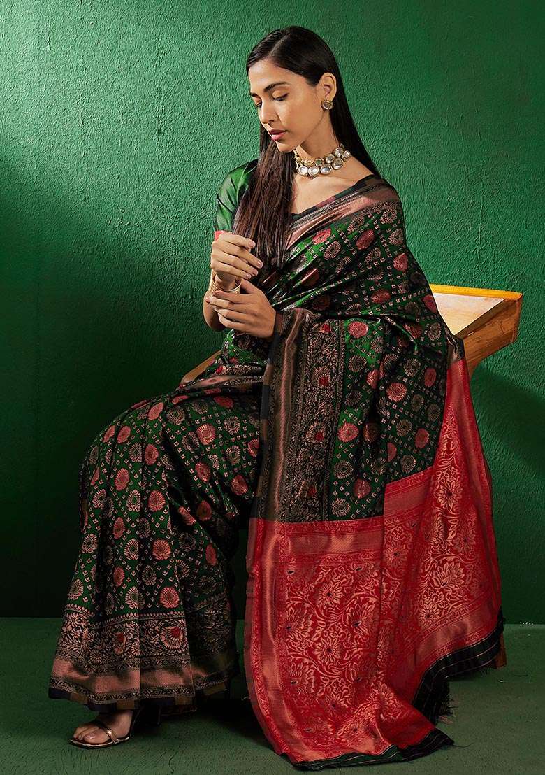 Mehandi Green Silk Blend Saree Set with Embroidered for Diwali | Wedding & Festive Wear - Indya