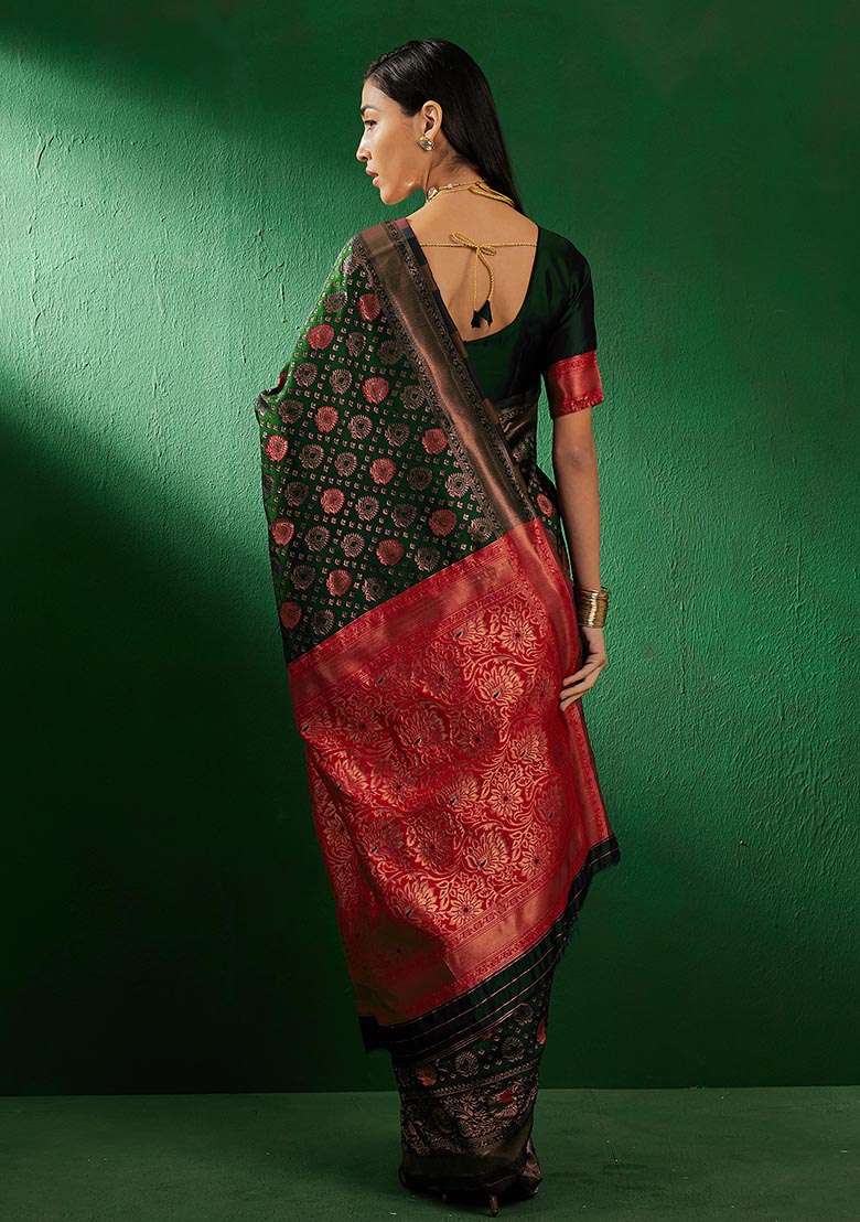 Mehandi Green Silk Blend Saree Set with Embroidered for Diwali | Wedding & Festive Wear - Indya