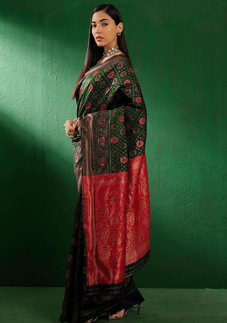 Mehandi Green Silk Blend Saree Set with Embroidered for Diwali | Wedding & Festive Wear - Indya