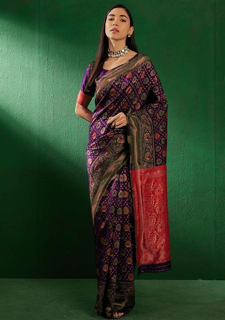 Purple Silk Blend Saree Set with Embroidered for Diwali | Wedding & Festive Wear - Indya