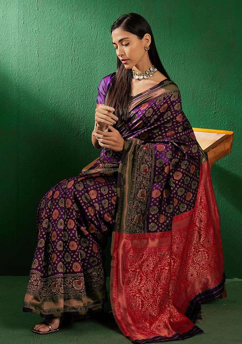 Purple Silk Blend Saree Set with Embroidered for Diwali | Wedding & Festive Wear - Indya