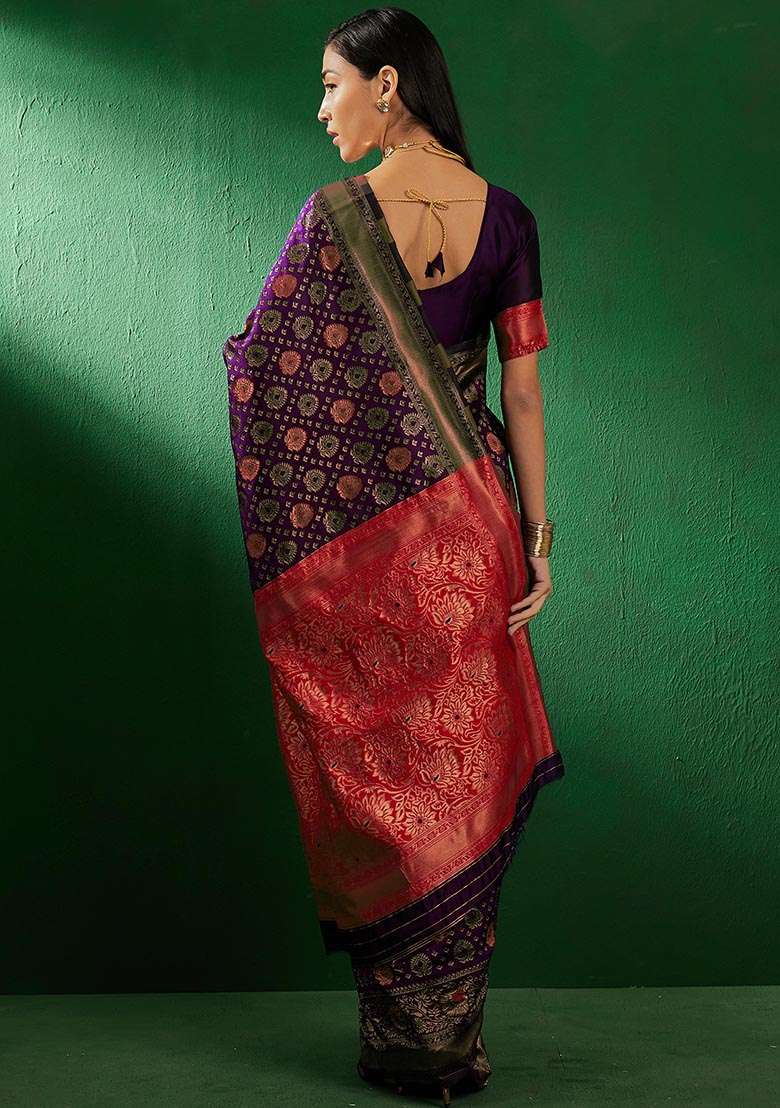 Purple Silk Blend Saree Set with Embroidered for Diwali | Wedding & Festive Wear - Indya