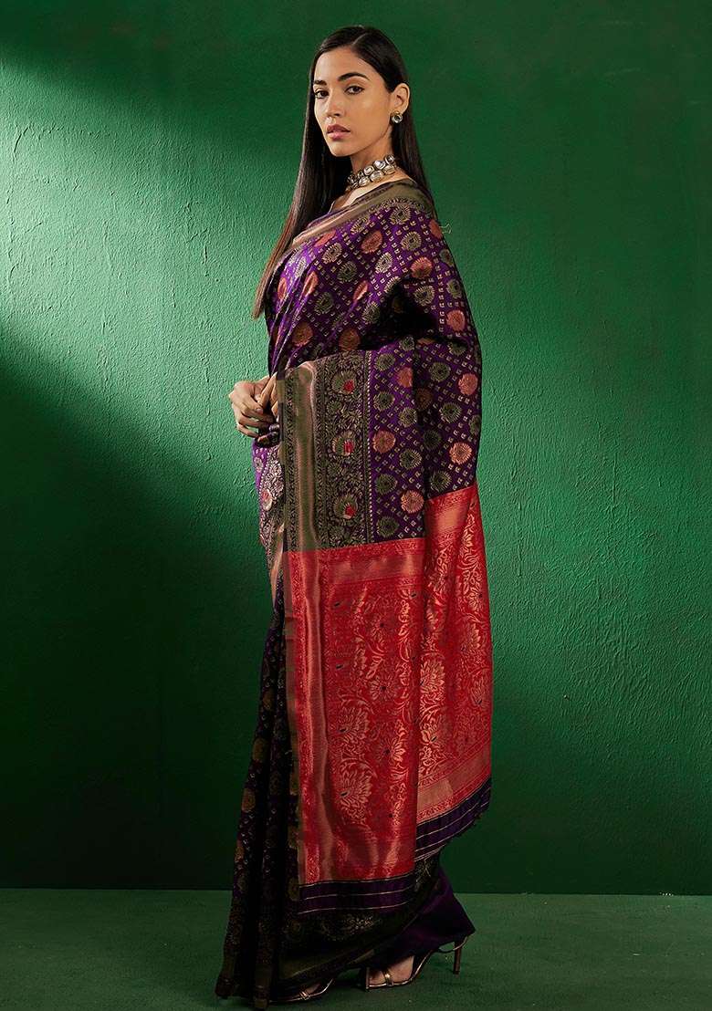 Purple Silk Blend Saree Set with Embroidered for Diwali | Wedding & Festive Wear - Indya