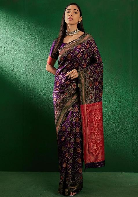 Purple Embroidered Silk Saree Set