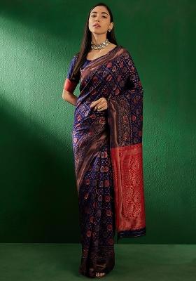 Navy Blue Embroidered Silk Blend Saree Set
