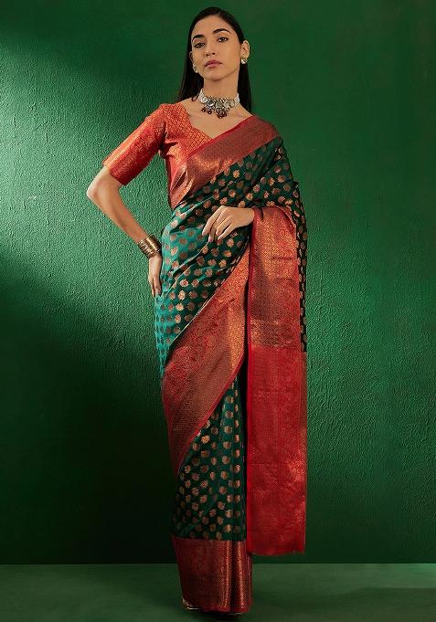 Green Embroidered Silk Saree Set