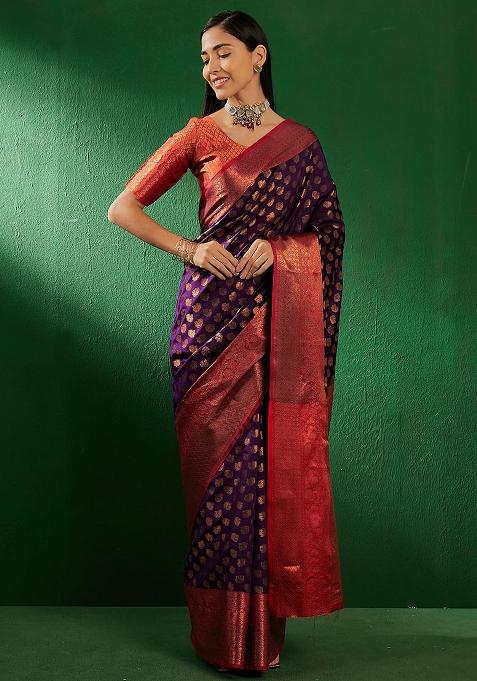 Purple Embroidered Silk Saree Set