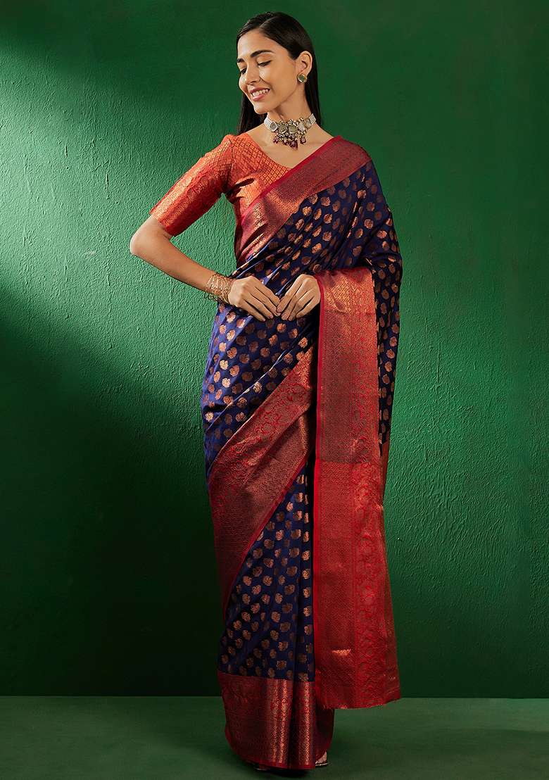 Navy Blue Silk Blend Saree Set with Embroidered for Diwali | Wedding & Festive Wear - Indya