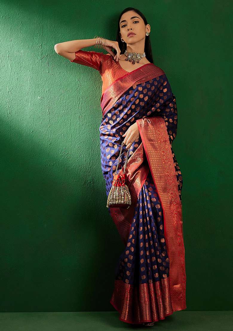 Navy Blue Silk Blend Saree Set with Embroidered for Diwali | Wedding & Festive Wear - Indya