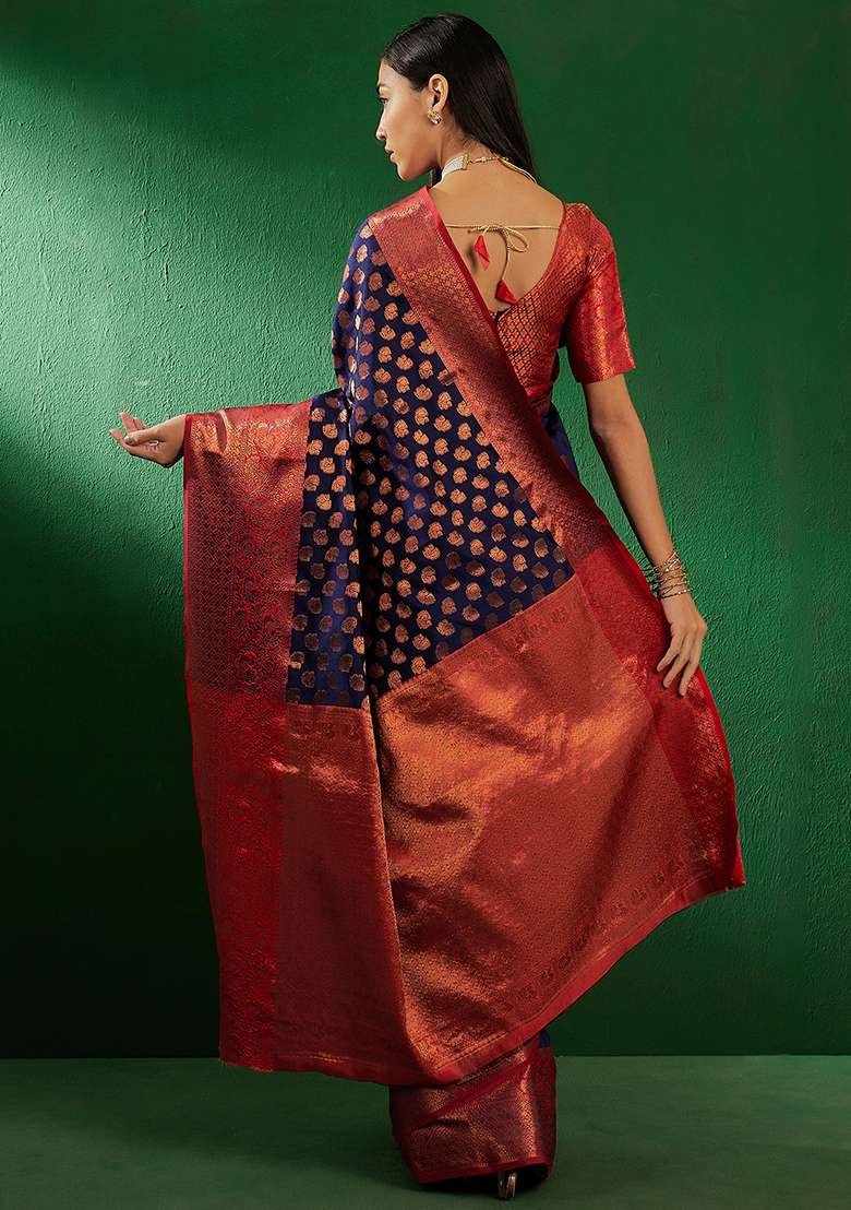 Navy Blue Silk Blend Saree Set with Embroidered for Diwali | Wedding & Festive Wear - Indya