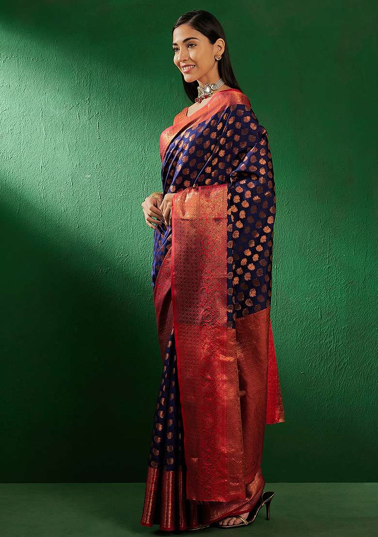 Navy Blue Silk Blend Saree Set with Embroidered for Diwali | Wedding & Festive Wear - Indya