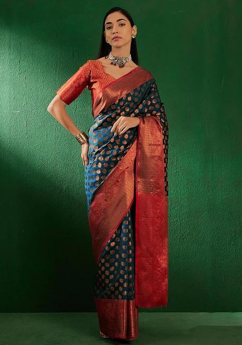 Teal Embroidered Silk Saree Set