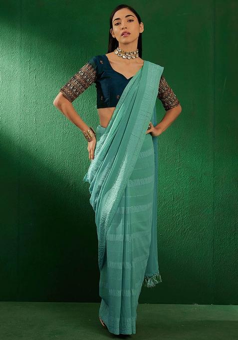 Teal Embroidered Silk Saree Set