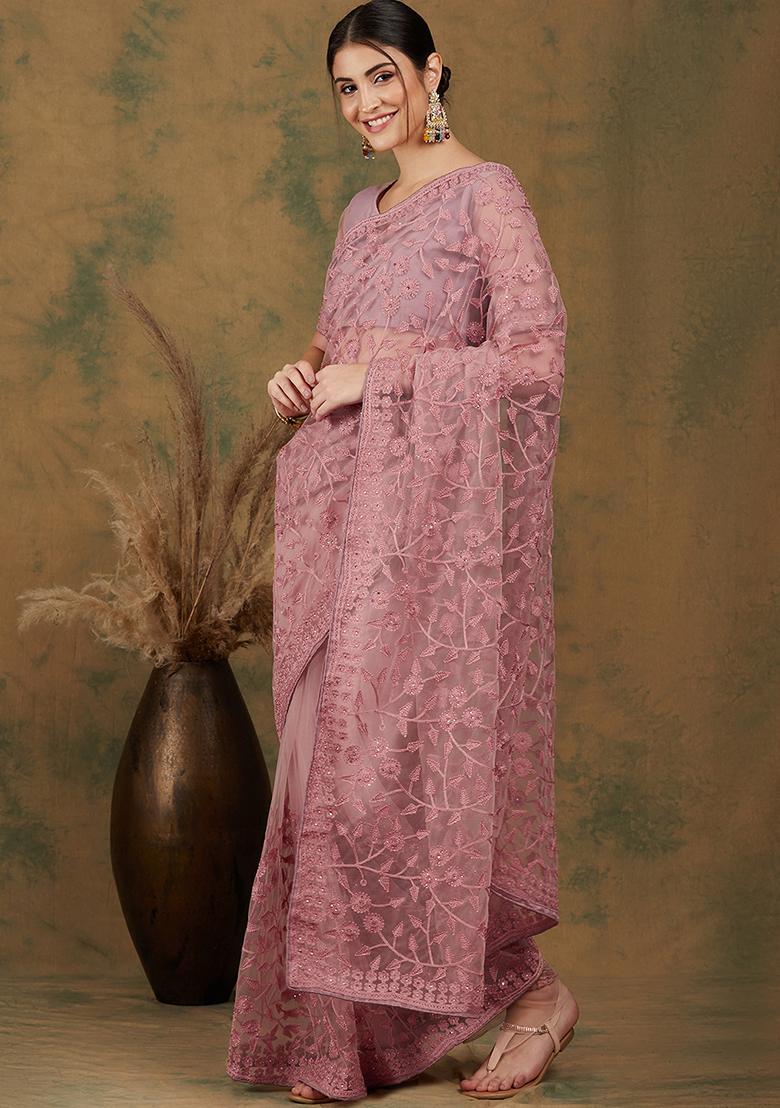 Dusty Pink Embroidered Net Saree Set