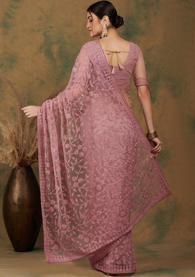 Dusty Pink Embroidered Net Saree Set