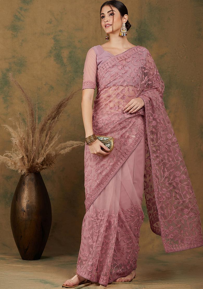 Dusty Pink Embroidered Net Saree Set