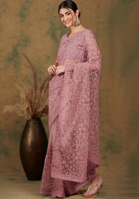 Dusty Pink Embroidered Net Saree Set