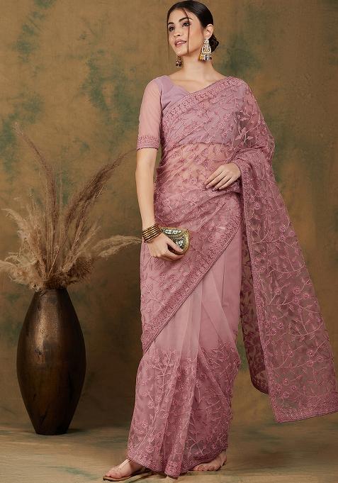 Dusty Pink Embroidered Net Saree Set