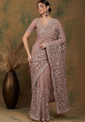 Beige Embroidered Net Saree Set