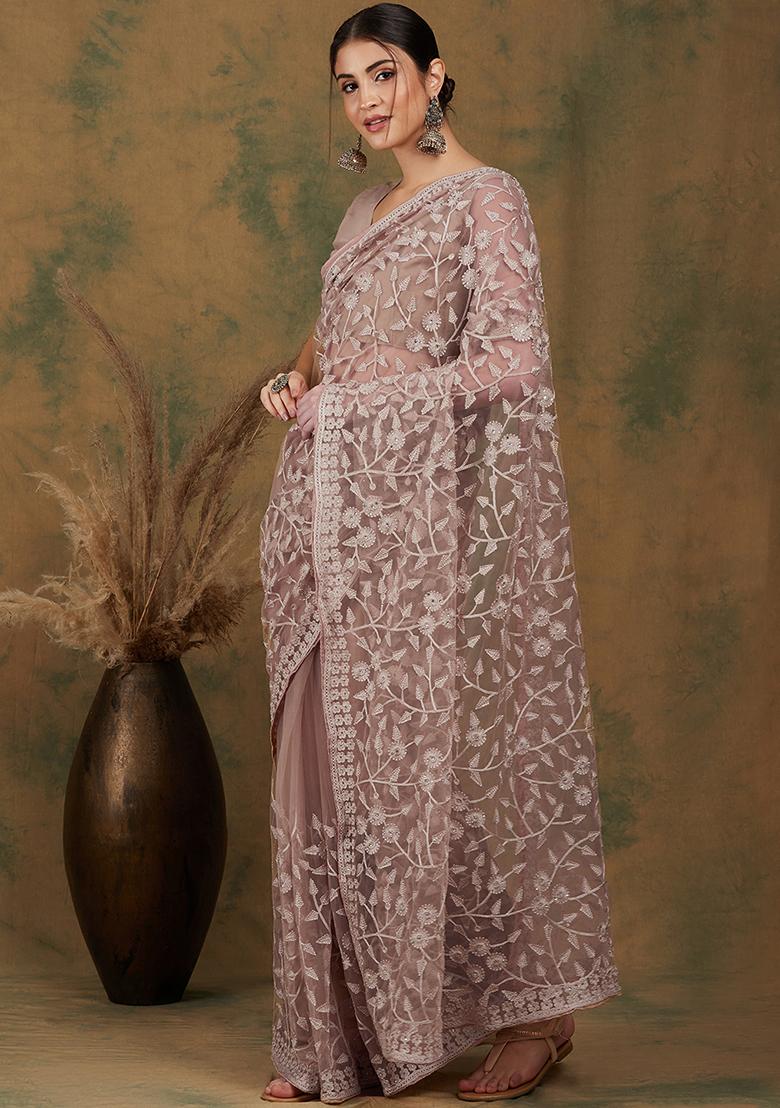 Beige Embroidered Net Saree Set - Indya