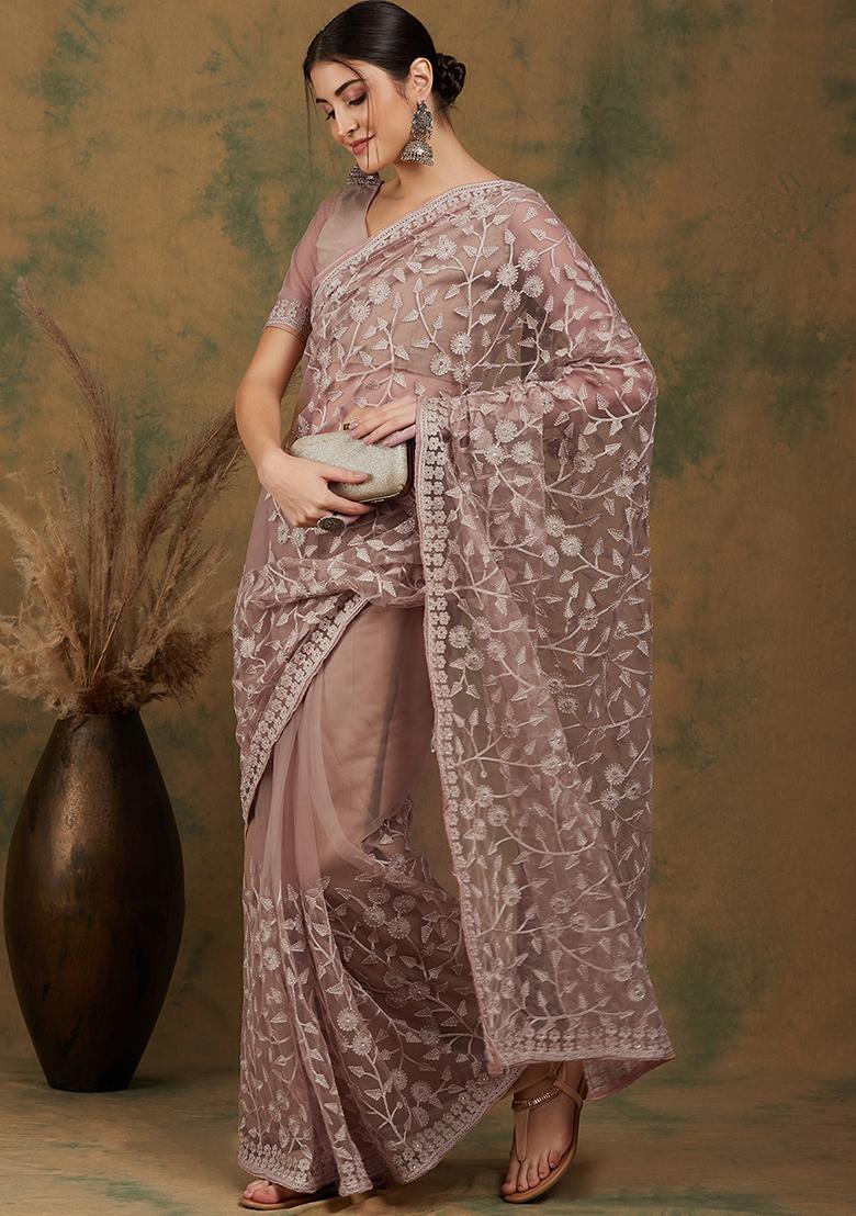 Beige Embroidered Net Saree Set - Indya