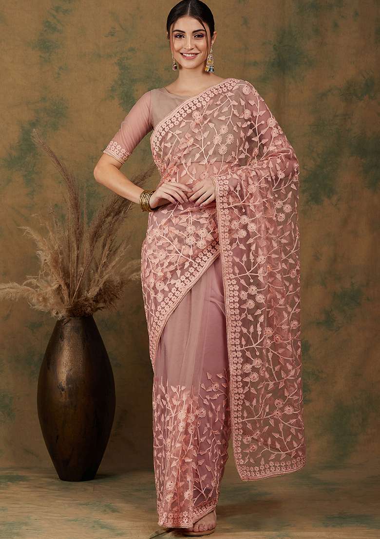 Peach Embroidered Net Saree Set for Diwali and Festive Wear - Indya