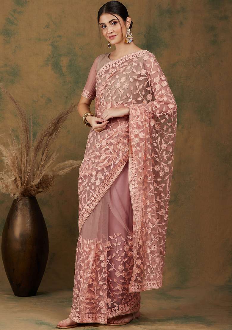 Peach Embroidered Net Saree Set for Diwali and Festive Wear - Indya