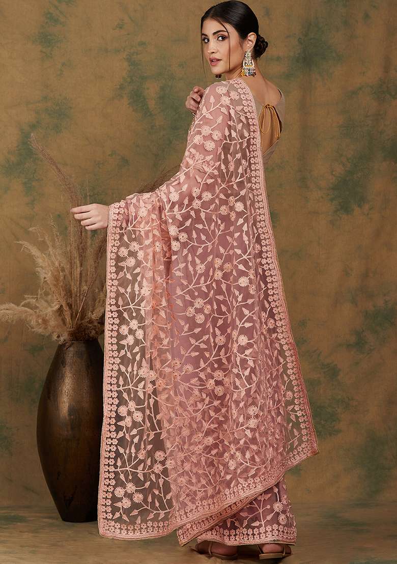 Peach Embroidered Net Saree Set for Diwali and Festive Wear - Indya
