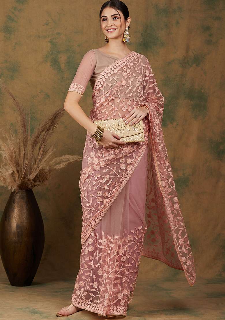 Peach Embroidered Net Saree Set for Diwali and Festive Wear - Indya