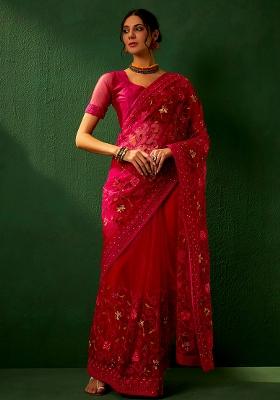 Magenta Embroidered Net Saree Set