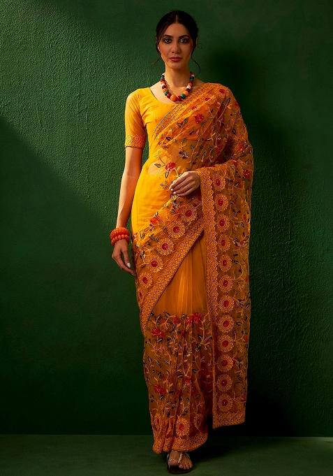 Mustard Embroidered Net Saree Set