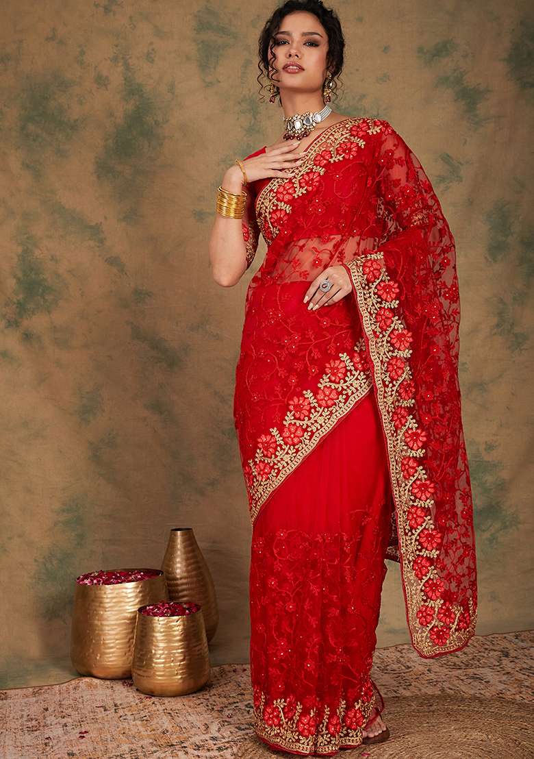 Red Net Saree Set with Embroidered for Diwali | Wedding & Festive Wear - Indya