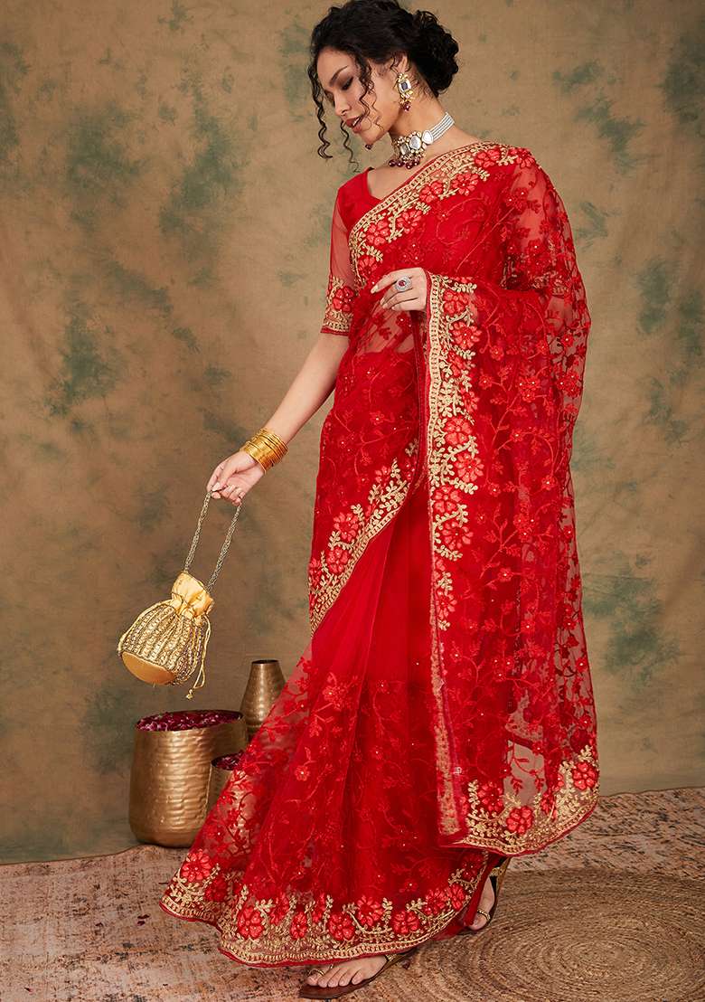 Red Net Saree Set with Embroidered for Diwali | Wedding & Festive Wear - Indya