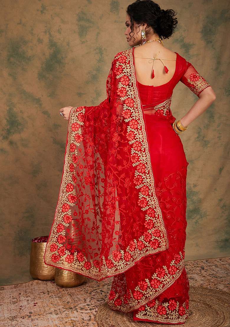 Red Net Saree Set with Embroidered for Diwali | Wedding & Festive Wear - Indya