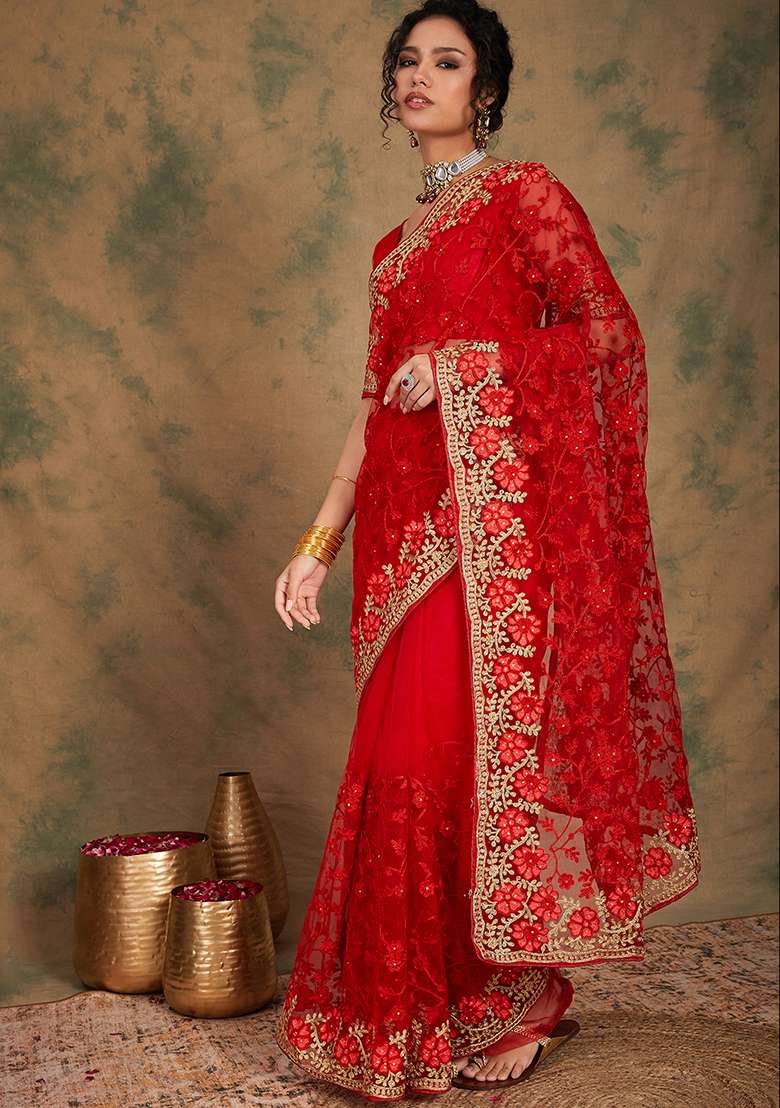 Red Net Saree Set with Embroidered for Diwali | Wedding & Festive Wear - Indya