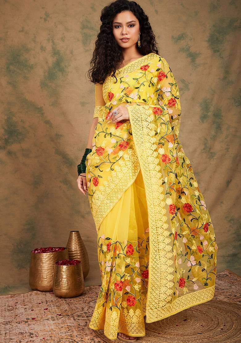 Yellow Embroidered Net Saree Set for Diwali and Festive Wear - Indya