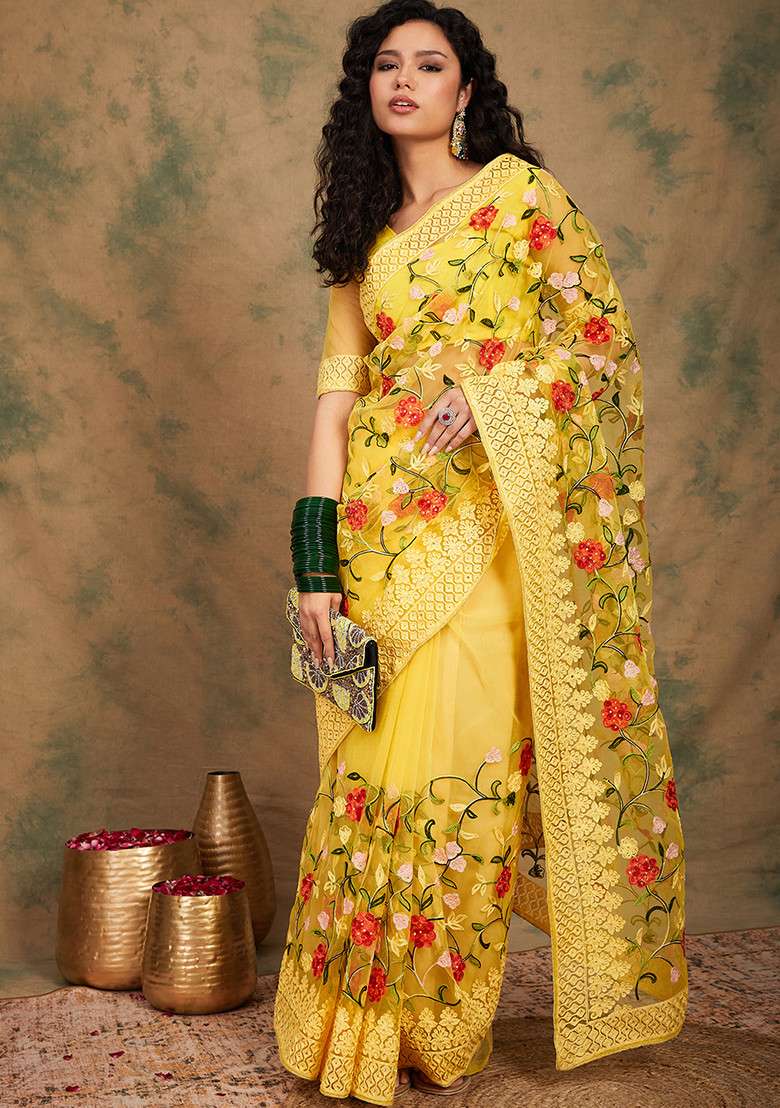 Yellow Embroidered Net Saree Set for Diwali and Festive Wear - Indya