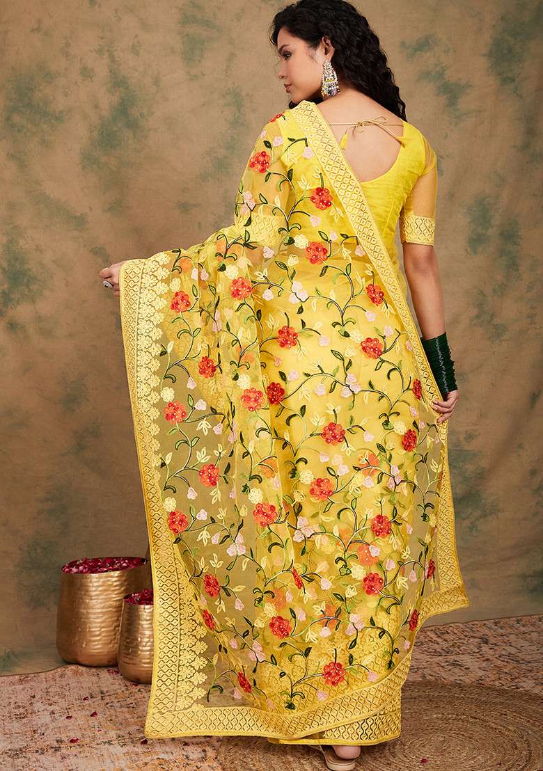 Yellow Embroidered Net Saree Set for Diwali and Festive Wear - Indya
