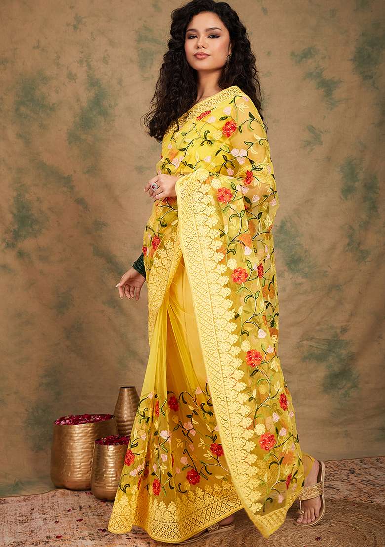 Yellow Embroidered Net Saree Set for Diwali and Festive Wear - Indya