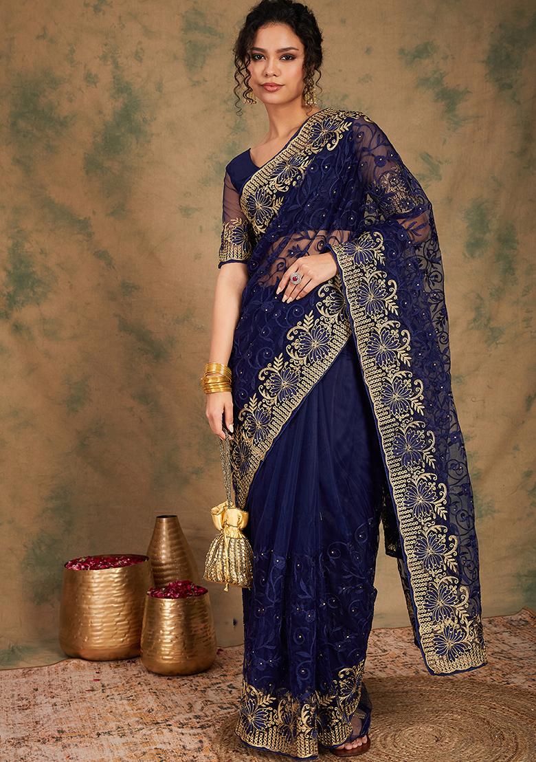 Navy Blue Embroidered Net Saree Set
