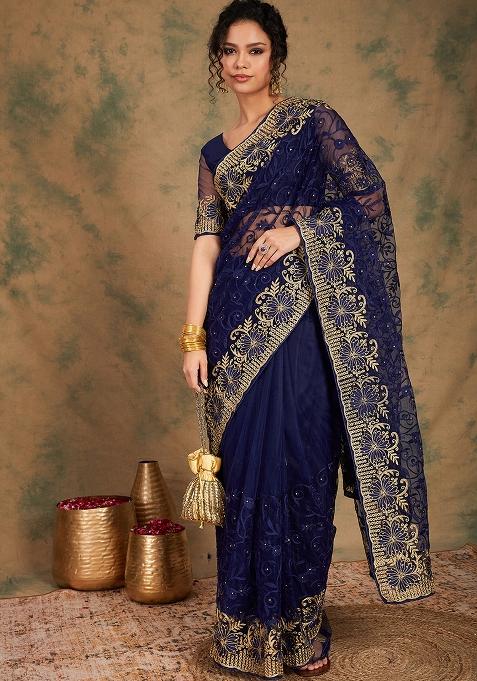 Navy Blue Embroidered Net Saree Set