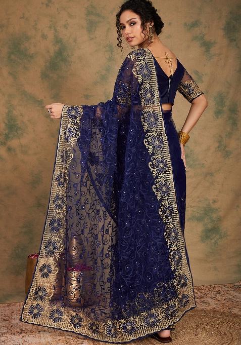 Navy Blue Embroidered Net Saree Set